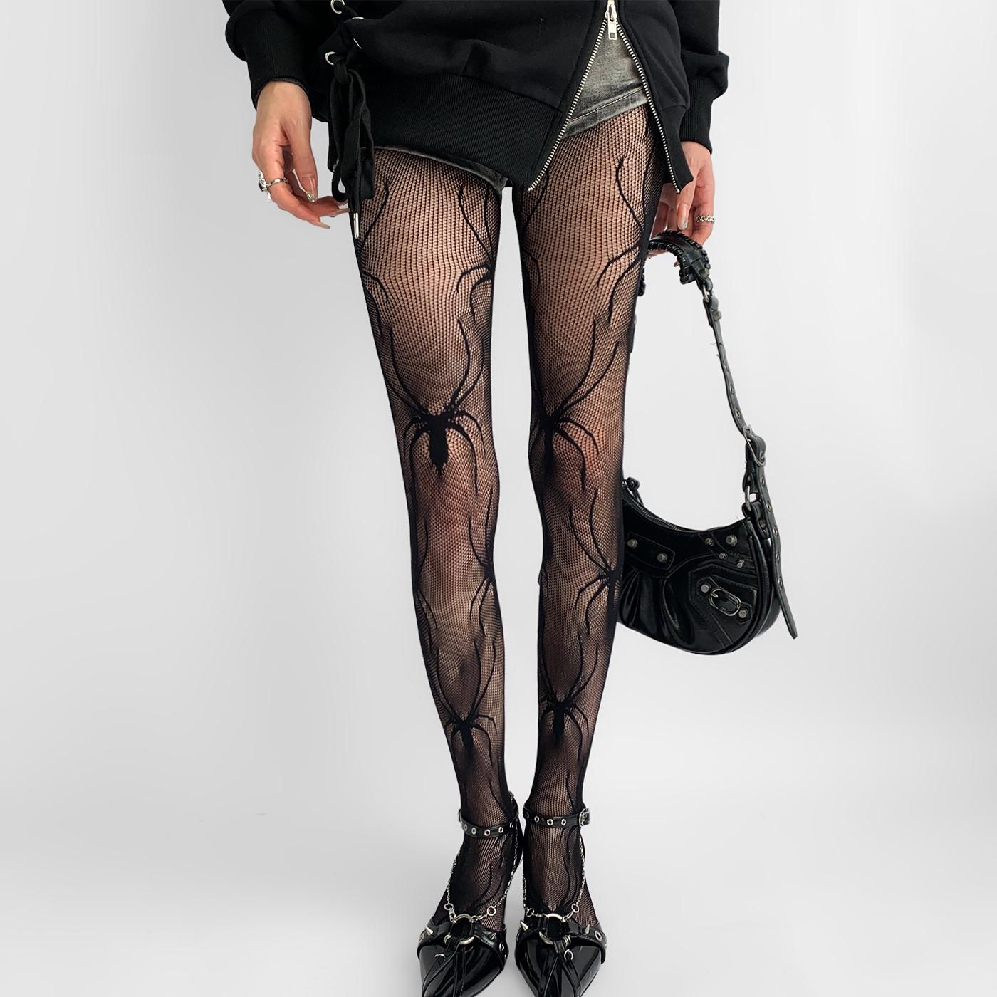 Damen Sexy Spitze Fischernetz Strümpfe Spinne Cosplay Schwarzer Schritt Damen Punk Strumpfhosen Strumpfwaren Nachtclub Party Zubehör One Size black