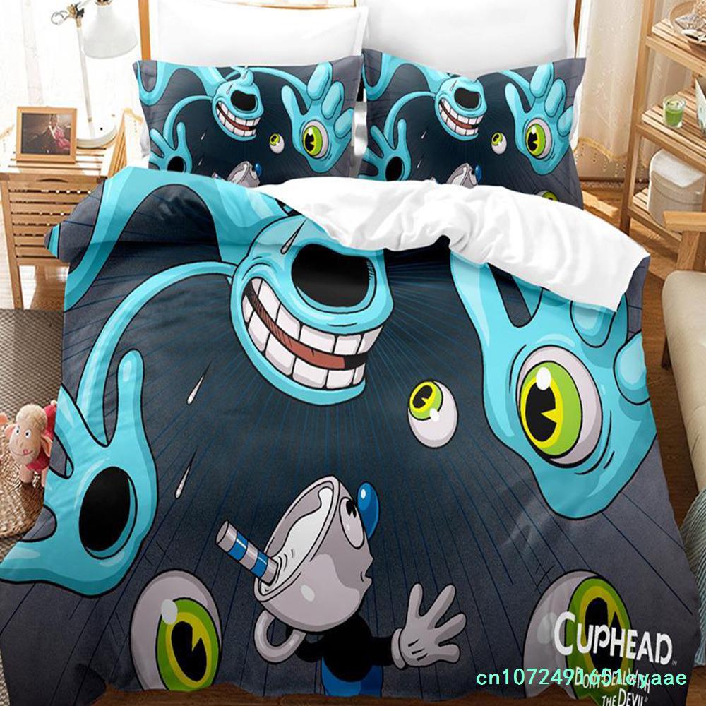 2023 Kawaii Cuphead Mugman Bettwäsche-Set Einzelbett Doppelbett Vollgröße Queen Size King Size Bettwäsche-Sets für Erwachsene Kinder Schlafzimmer Bettbezüge Anime Spiel Bett