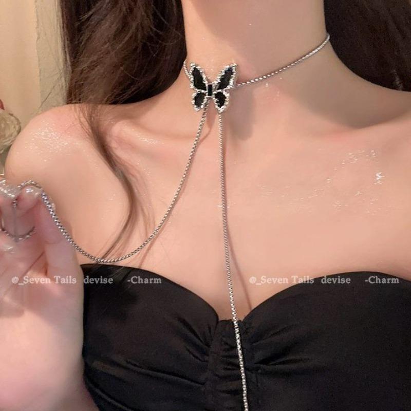 Cool wind butterfly black zirconium necklace women's summer draw adjustable collarbone chain fashion trend neck necklace decorative necklace