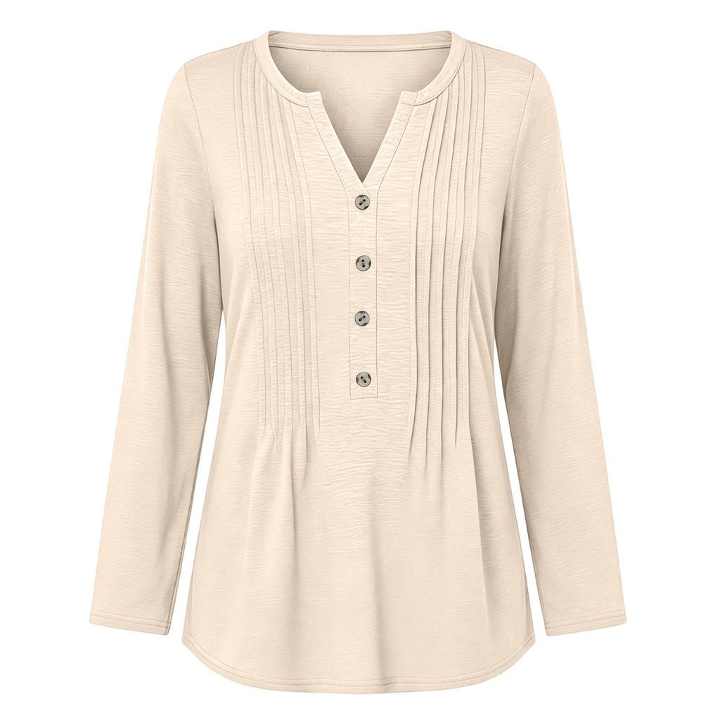 Women's Casual Long Sleeve Shirt with Pleated V-Neck for Everyday Wear