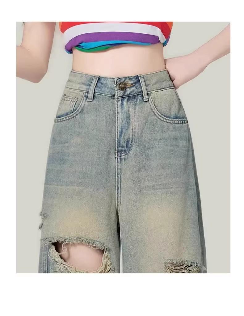 Plus Size High Waist Wide-Leg Ripped Jeans for Women - Summer 2025 New Arrivals, Slimming Drape, Floor-Length Pants for Chubby Girls