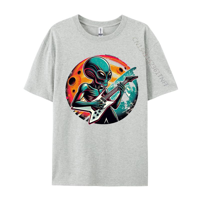 Retro Alien Guitar Rockstar Tshirt Funny T Shirt For Men Premium Cotton Autumn Tshirts Street Tops Shirt