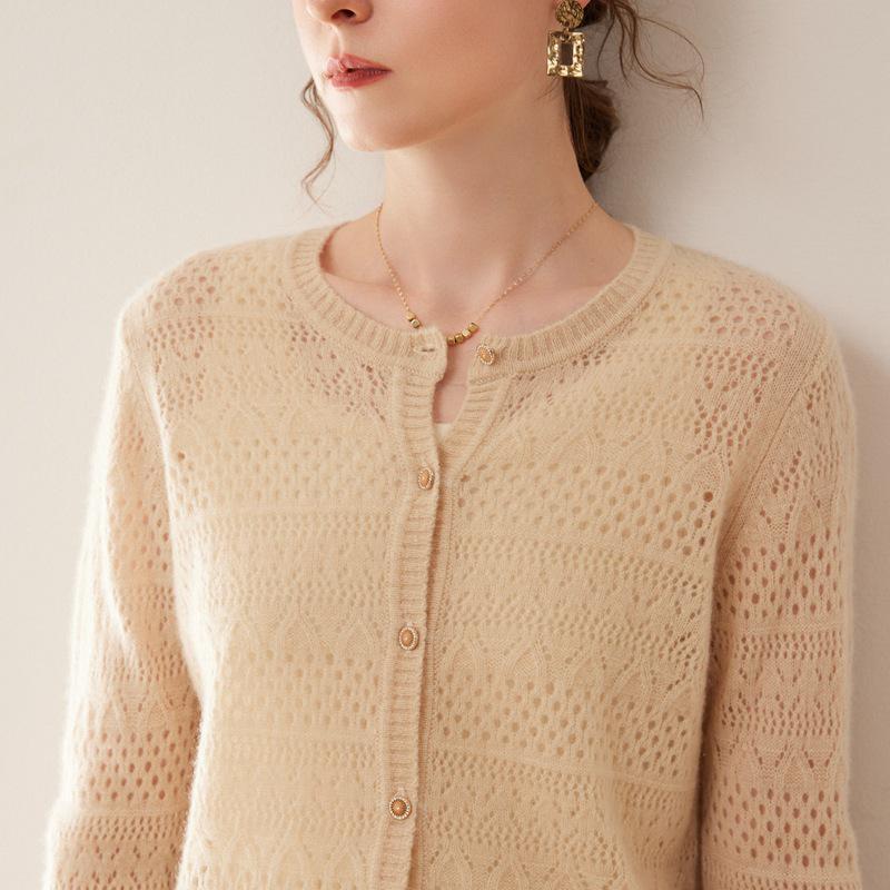 

Женский кашемировый кардиган с круглым вырезом: Свободный, модный вязаный свитер крючком с ажурным узором для осени и зимы. L