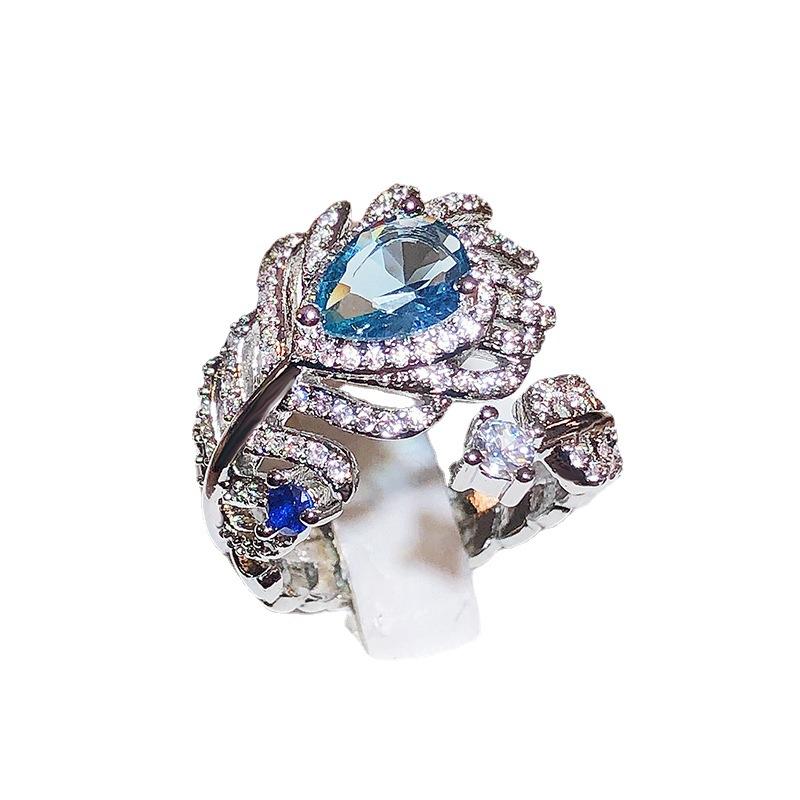 Blue Zircon Feather Ring Opening Adjustable Women's Ring No Fading Jewelry