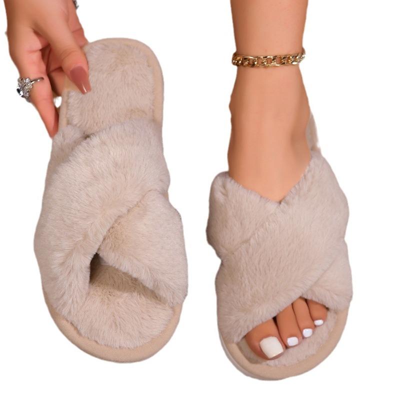 Slippers cross opening spring and autumn home non-slip flat bottom couple style fashionable simple open-toed fluffy slippers