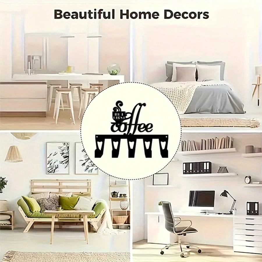 Vintage Coffee Key Holder Metal Wall Art 5 Hooks Coffee Lover Gift Rustic Decor