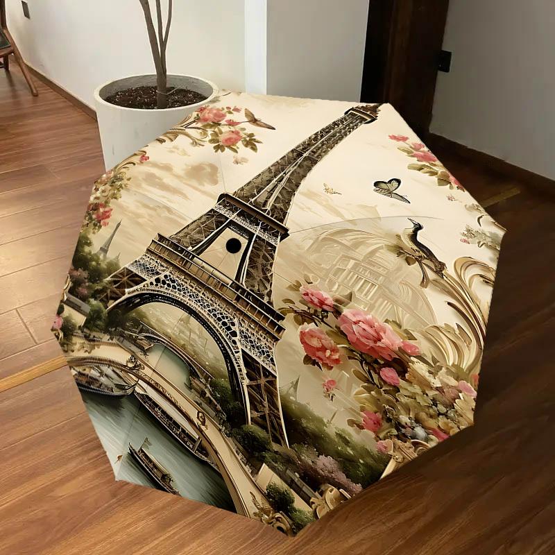 1PC Eiffel Tower Flowers Umbrella-8-Rib Reinforced, Automatic Open, Lightweight & Durable, Cute Fashion Accessory for Outdoor, Beach, or Casual Use, B
