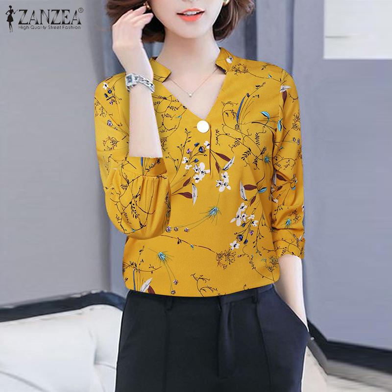 

ZANZEA Женская рубашка с V-образным вырезом и рукавами 3/4 с цветочным принтом, свободная блузка прямого кроя