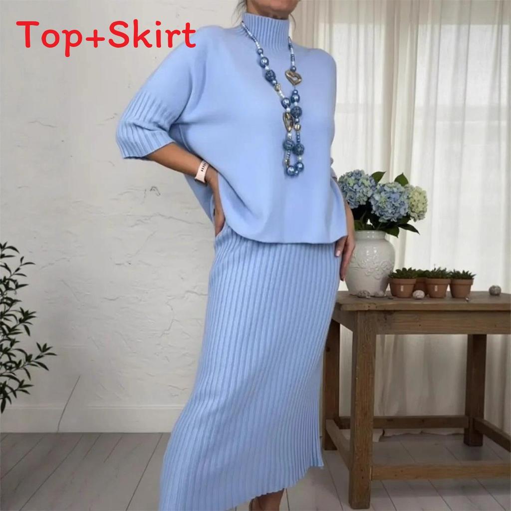 Elegante Set Gonna e Maglione in Maglia da Donna con Design a Collo Alto per l'Uso Casual Invernale