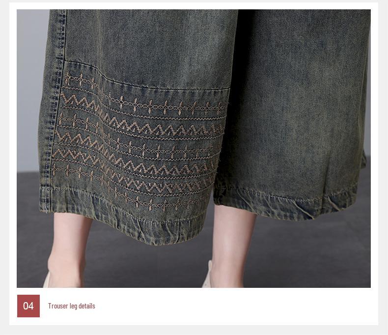 Pantaloni de damă retro brodați cu picior larg din denim cu șnur, talie înaltă, croi scurt pentru vara 2024