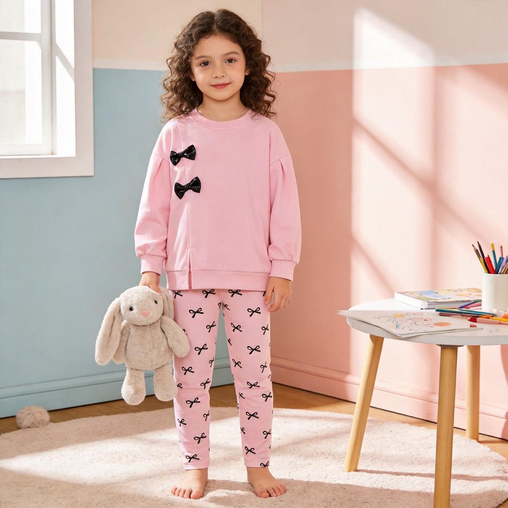 Mädchen Kleinkind Frühling Langarm Hose Set Mit Schleife Für Kinder