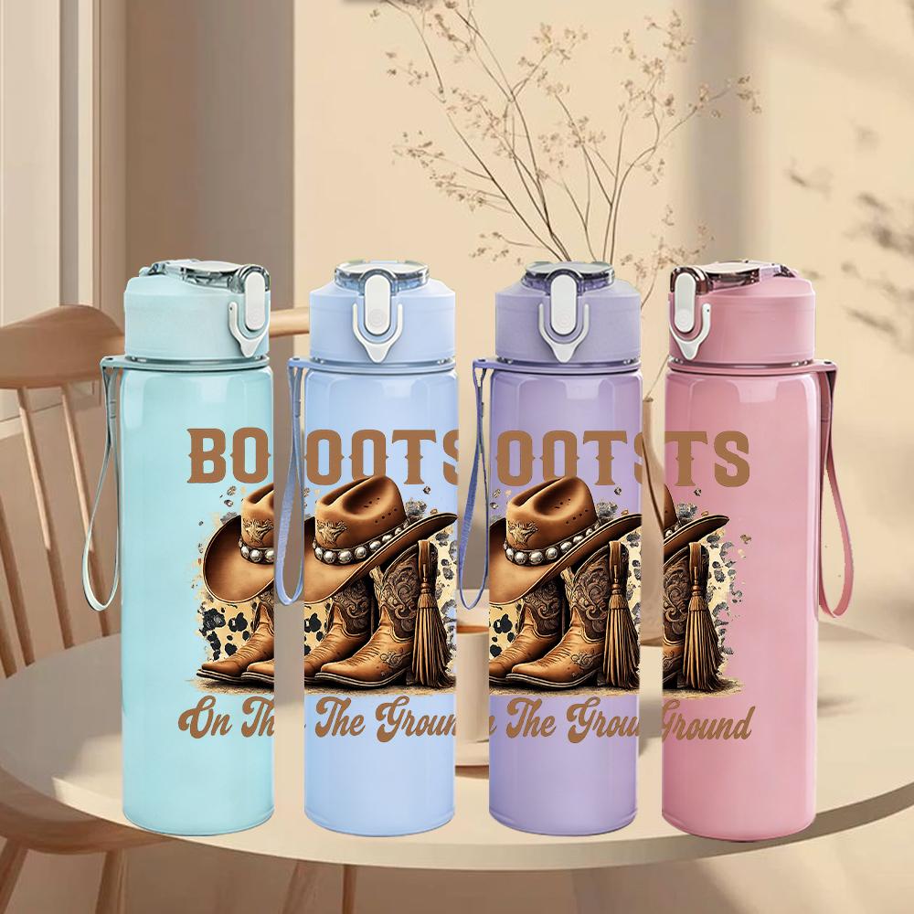 1PC Western Boot Sentimental Phrase 750ml Color Plastic Water Bottle Leakproof Flip Straw Lid For Sports Office Home Use