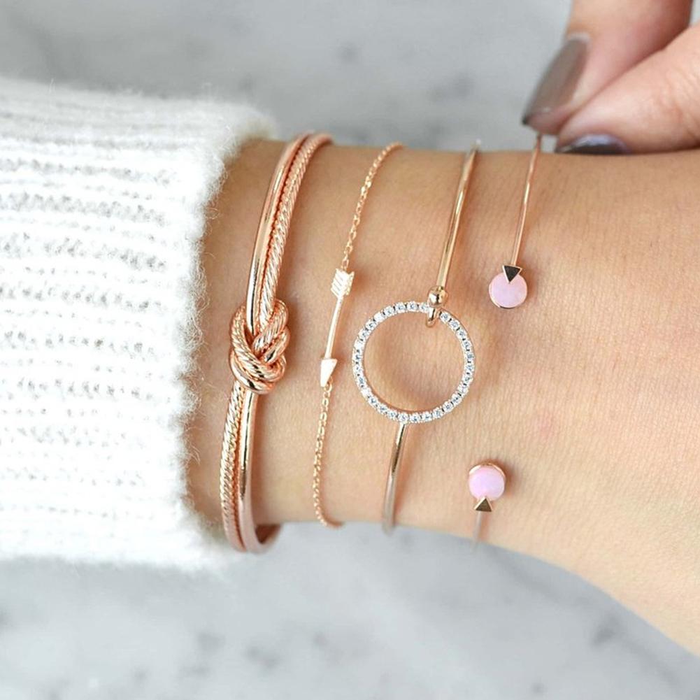 Set of Vintage Simple Women's Wrist Chain Arrows Ring Adjustable Open Bracelet