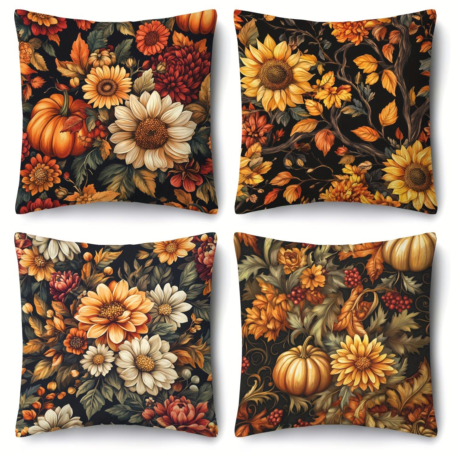 

4pcs Autumn Pillow Covers 45x45cm Pumpkin Sunflower Floral Print with Leaves & Berries for Sofa Bed Decor Zipper Closure 35x35cm 4pcs