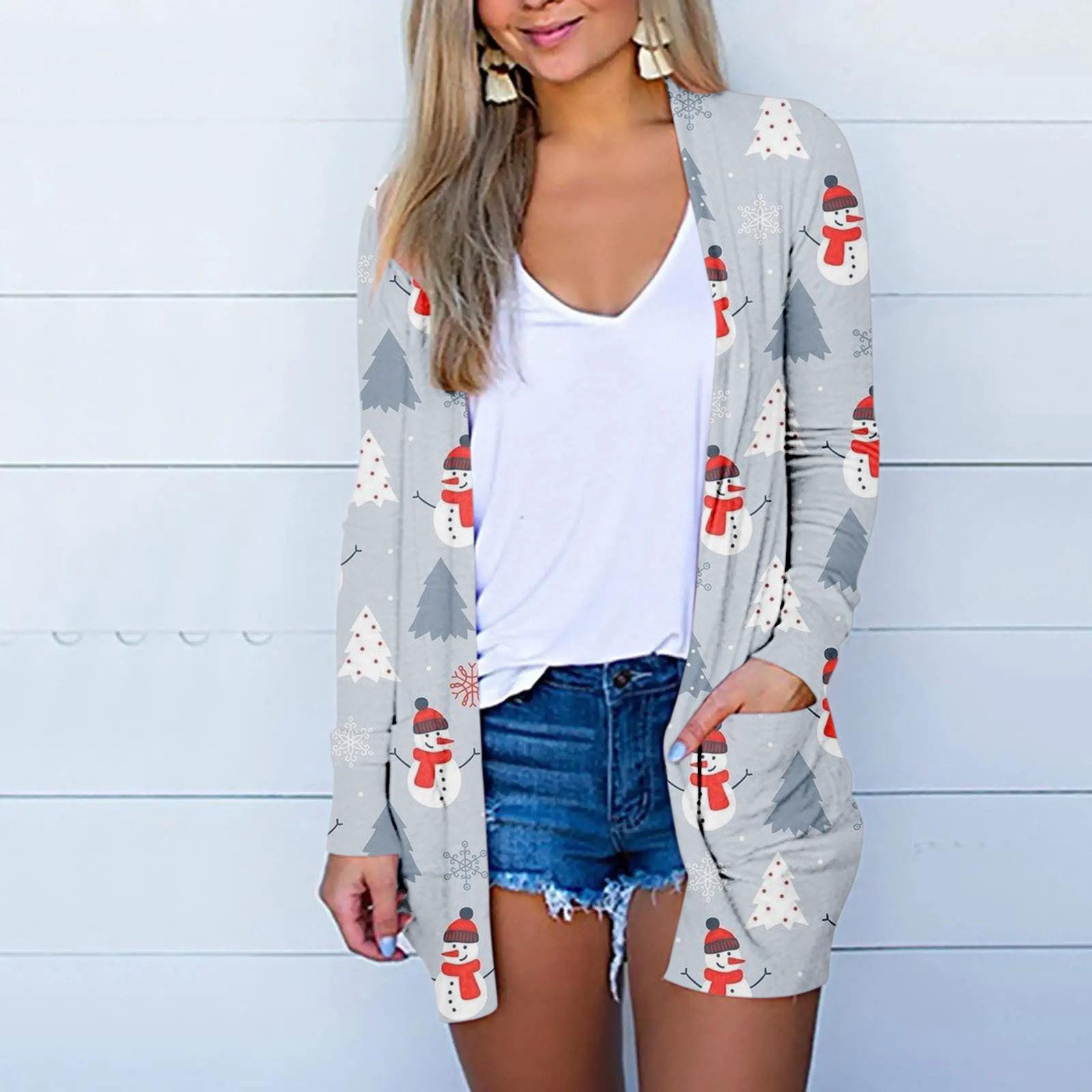 

Женская модная повседневная куртка-кардиган с рождественским принтом средней длины, пальто S