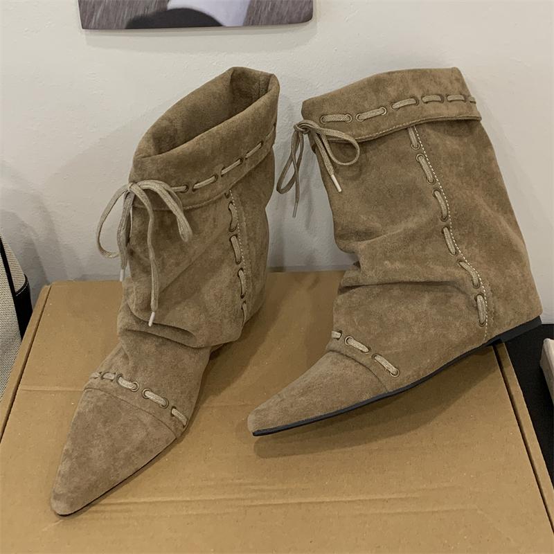 Eilyken Punk Design Style Insoles Height Wedges Heels Women Knee-High Boots Autumn Winter Vintage Pointed Toe Lace-up Shoes