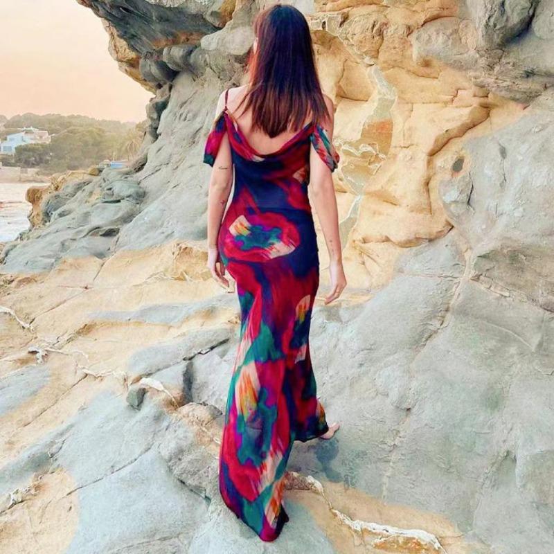 Women's Summer Printed Halter Sleeveless High Waist One Shoulder Long Dresses