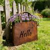 DYS Handtaschen-Pflanzgefäß, Rustikale Metall-Geldbörsen-Blumenkasten mit gebogenem Griff, Zweiseitiges Hallo Willkommen Design, Vintage Bauernhaus Garten Dekoration für