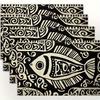 Black And White Tribal Fish Pattern Placemats Set Of 4 Ethnic Style Linen Table Mats For Coastal Themed Dining Decor