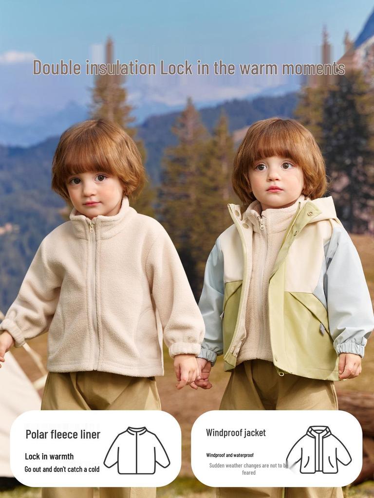 Jingqi Kinder Drei-in-Eins Wasserdichter Windbreaker: Warme Jacke mit Kapuze für Jungen und Mädchen - Herbst/Winter.