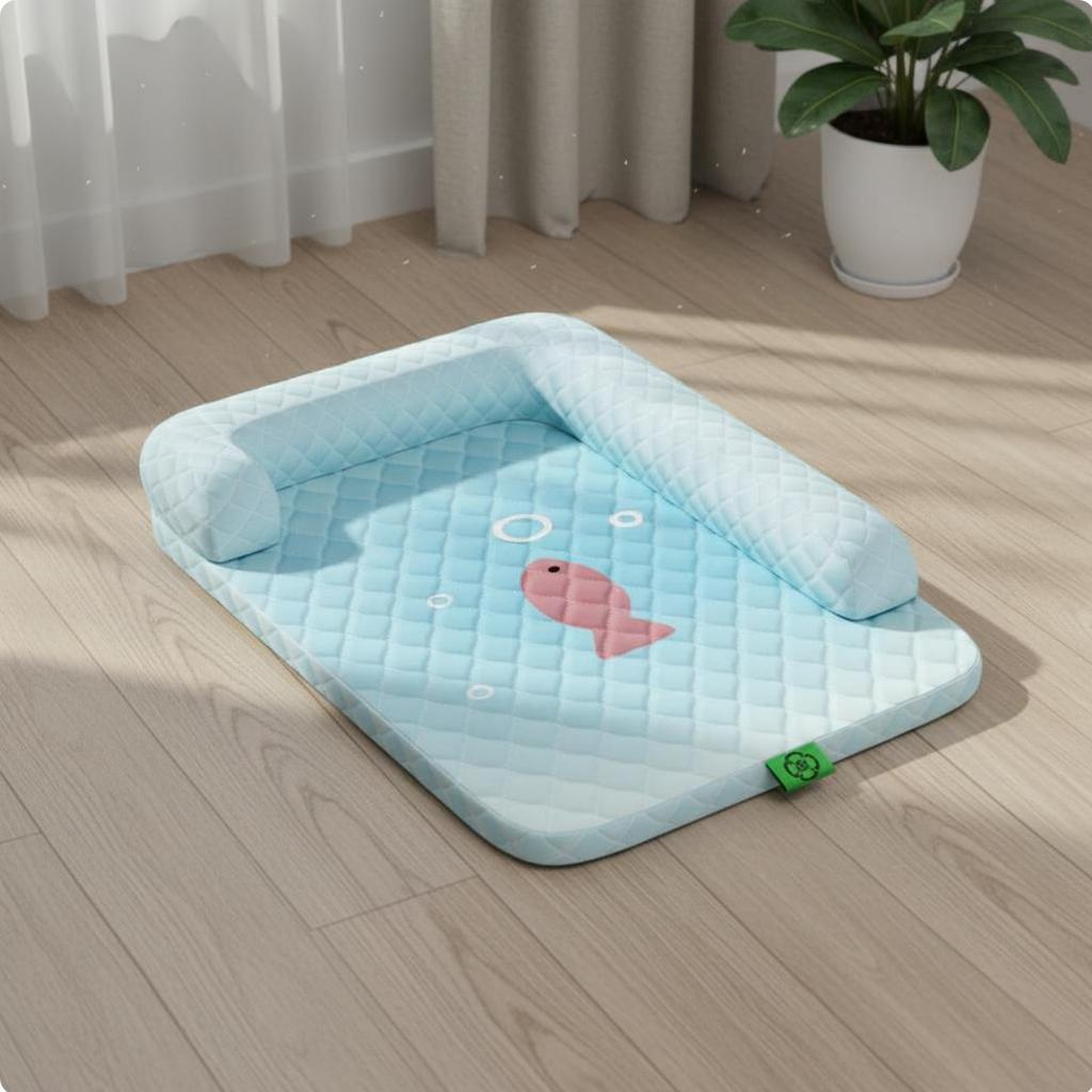 Dog Cooling Mat with Pillow Tear Resistant Cooling Dog Bed Supportive Pillow Pet Bed Breathable Quilted Pet Lounger Neck Support