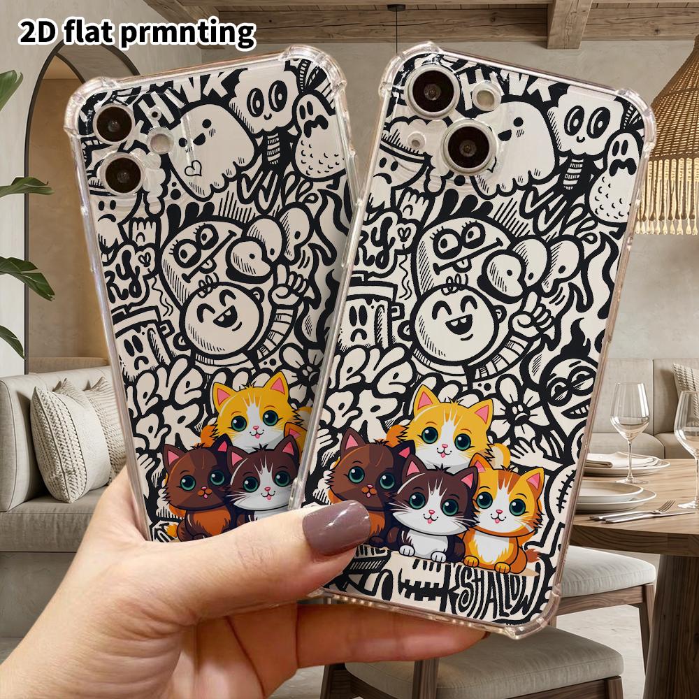 Phone Case: 2D Flat, Fits iPhone 18 17 16 15 14 13 Pro, Transparent Corners Protection, White Cat Group, Christmas and Halloween Gift