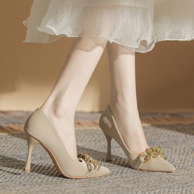 Nieuwe metalen gesp damesschoenen lente en herfst enkellaarsjes design gevoel niche nude Franse stiletto hoge hakken dames