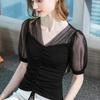 All Match V-neck Short Sleeved T-shirt for Women's Summer New Style Drawstring Mesh Top Solid Color Popularity Small Shirt