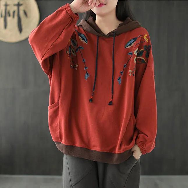 Spring and Autumn Fashion Ethnic Embroidery Hooded Panel Retro Literary Temperament Commuter Women's Pocket Sweater