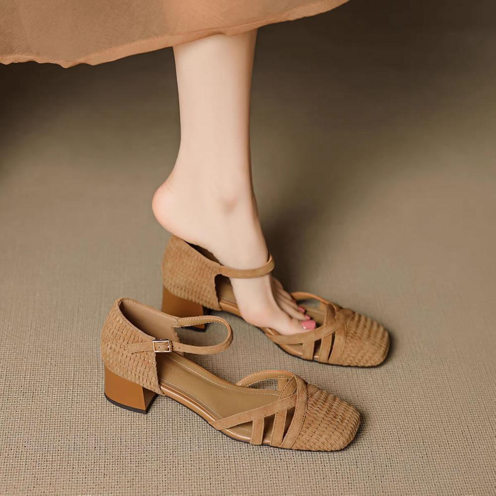 Retro Weave High Heel Sandals Women 2025 Summer Square Toe Ankle Strap Beach Shoes Roman Closed Toe Square Heels Casual Shoes