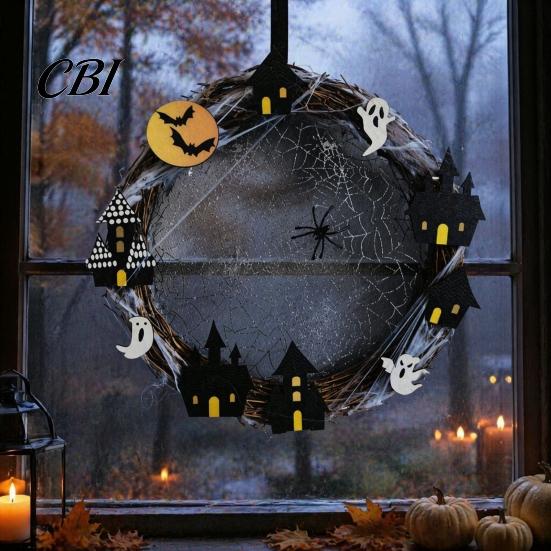 Fireplace Mantel Decoration Halloween Spider Web Wreath, Spooky Vine Branch Wreath with Ghost Castle Door Hanger Bat for Front Door, Farmhouse,