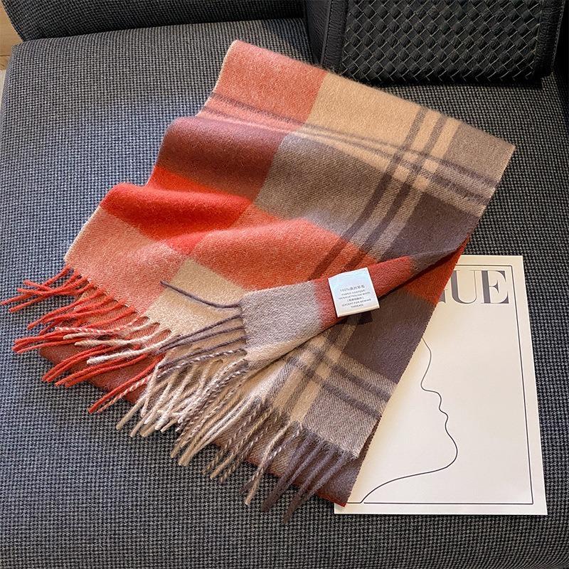 New Wool Warm Scarf for Women in Color Blocked Plaid Scarf Long Tassel Scarf Thickened and Warm