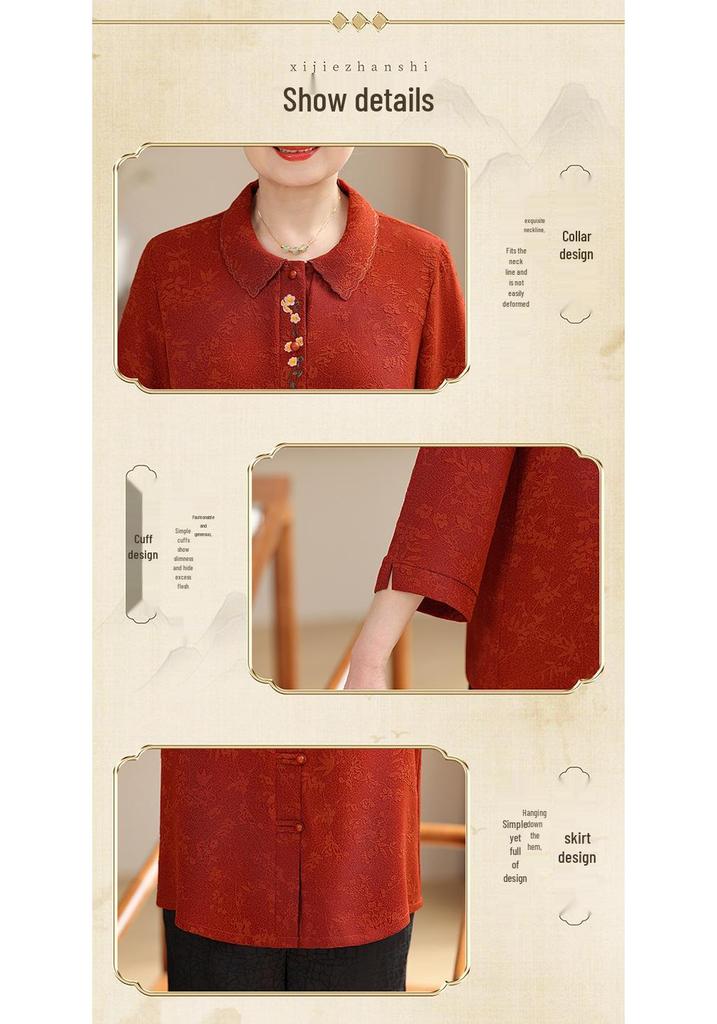 Elegant Embroidered Chinese Style Loose Fit Top for Middle-aged and Elderly Women - Perfect for Spring, Summer, and Autumn.