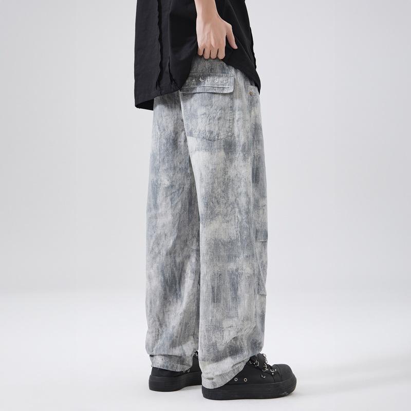 New American high street ink tie-dye multi-pocket straight pants casual three-dimensional pants men's cotton