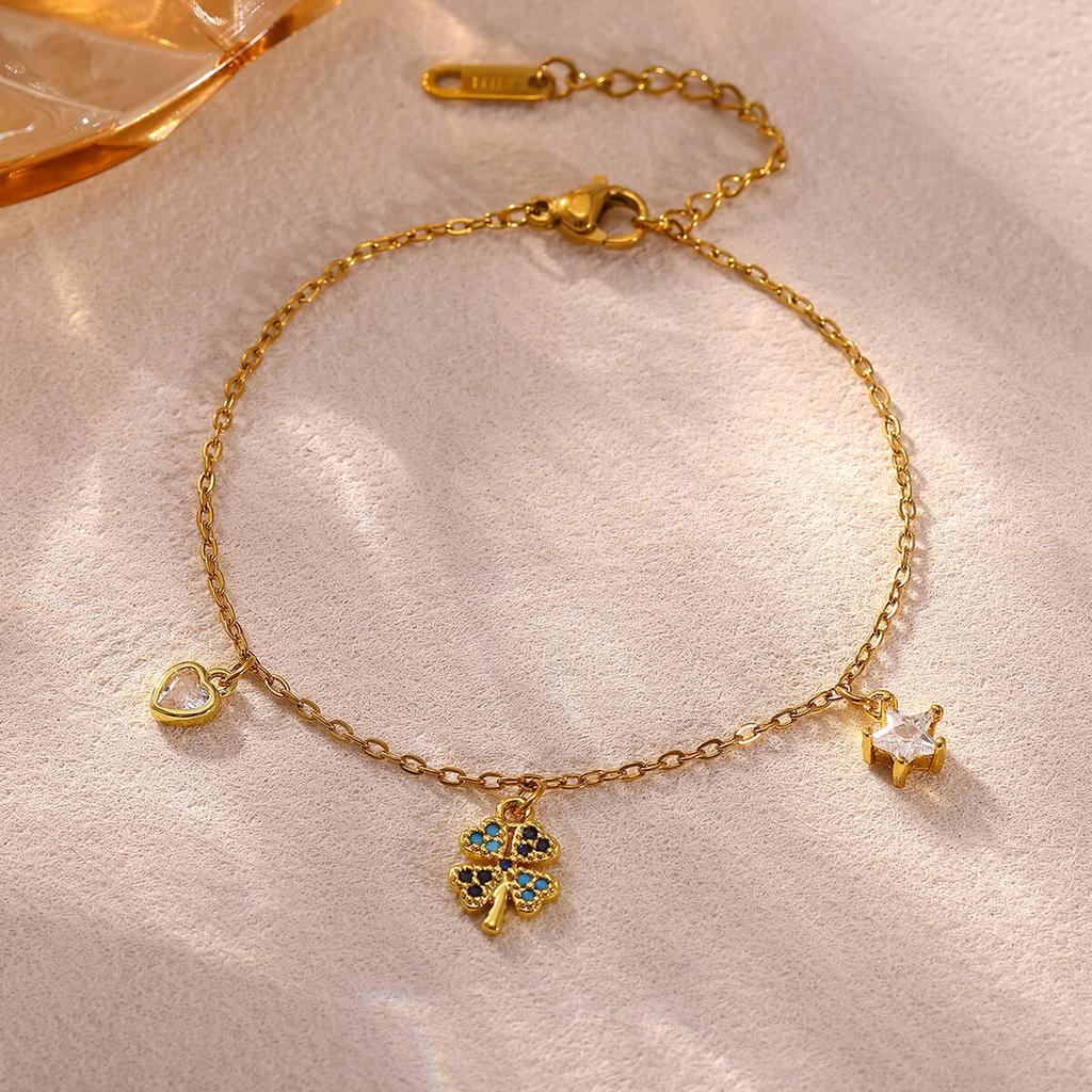 Vintage Colorful Flower Pendant Tassel Bracelet For Women Stainless Steel Chain Waterproof CZ Heart Star Bracelets Summer Gift