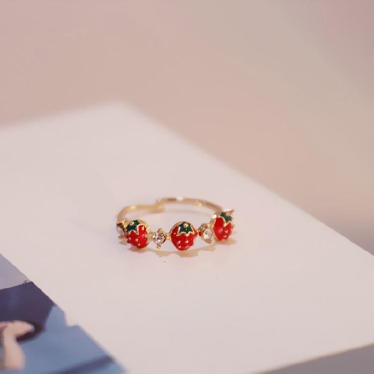 Delicate Strawberry Inspired Adjustable Ring With Faceted Cubic Zirconia Stones Polished Copper Base Fashionable Everyday Accessory