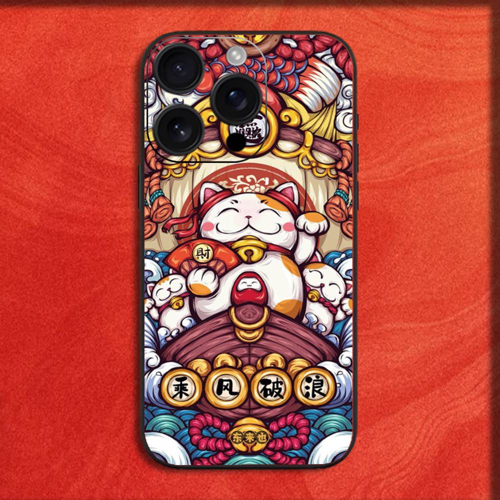 Phone Case For iPhone 16,15,14,13,12,11,Pro,XS,Max,XR,Plus,E,Mini Maneki Neko Lucky Money Cat Black Shockproof Cover