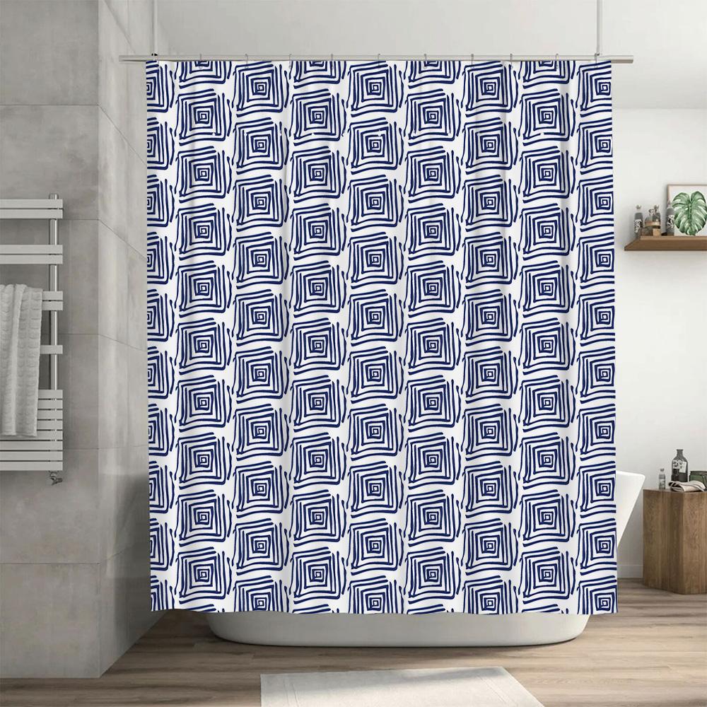 Trendy Bath Shower Curtain with Blue White Geometric Pattern for Home Decor Modern Window Waterproof Fabric Shower Curtain (69x7
