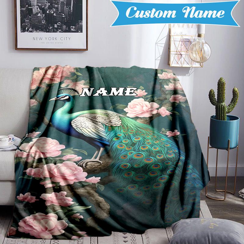 Custom Name Peacock Flowers Romance Blanket Lightweight Ideal Bedding Blanket Perfect for Travel, Camping, Living Rooms, Sofas, Christmas gift