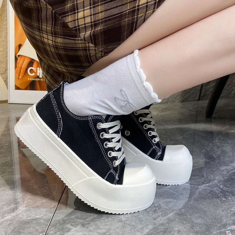 American Black and White Thick Baseplate Shoes Women's Spring and Autumn New Big Head Canvas Shoes Heightening Casual Shoes
