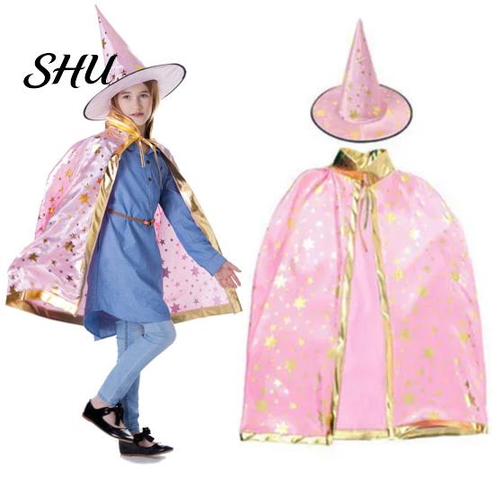 Breathable Witch Cape Adjustable Halloween Pentagram Printing with Wizard Costume Young Adults Hat Hand Bag Comfortable Kids