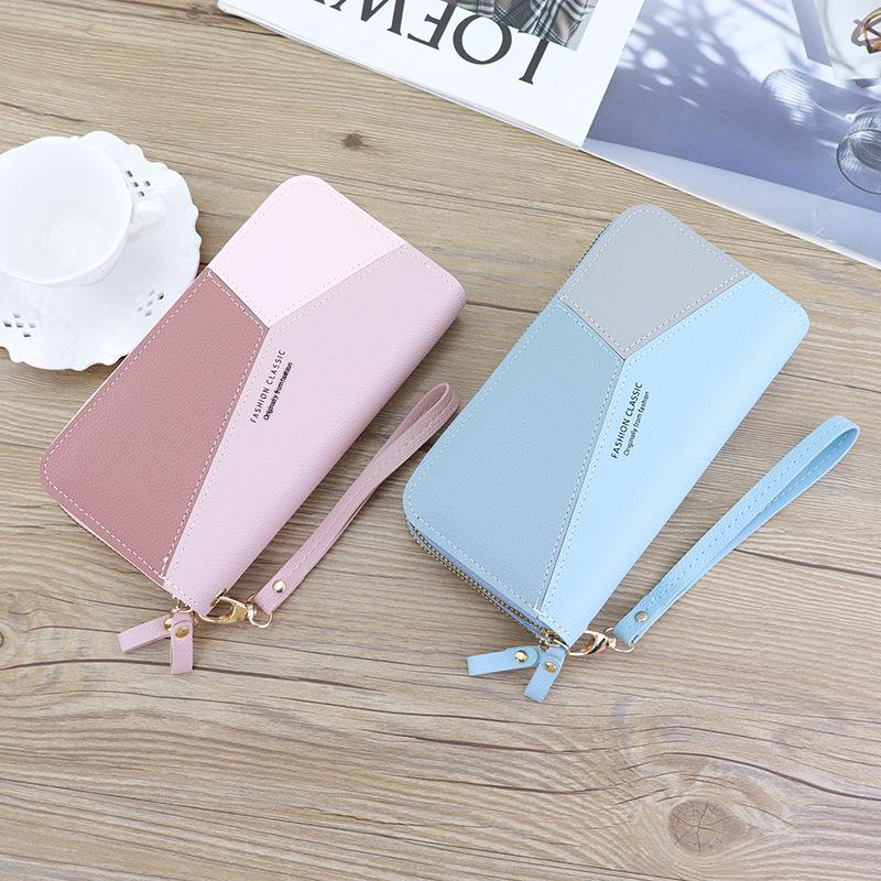 Damen-Doppelreißverschluss-Geldbörse Große Kapazität Mehrere Kartenfächer PU-Leder Handtasche Farbblockierung Kontrastierende Farbe Lange Geldbörse Null-Geldbeutel
