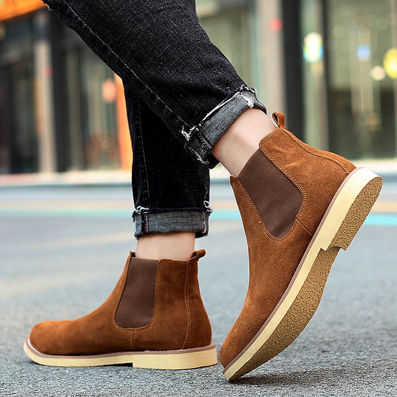 Fashion Men's Chelsea Boots Anti Slip Snow Boots Faux Suede Slip-On Round Toe Platform Warm Short Boots Size 38-47