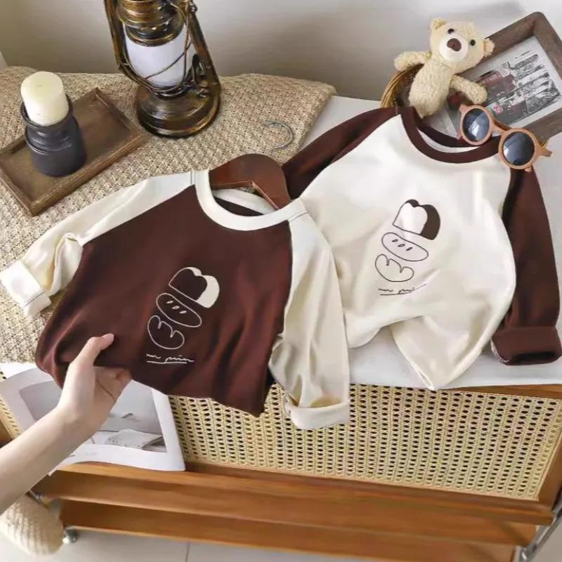 1-12Y Children's Velvet Base Shirt Spring Long Sleeved Casual Tee Baby Girls Boys Patched Color Round Neck Outerwear Tops