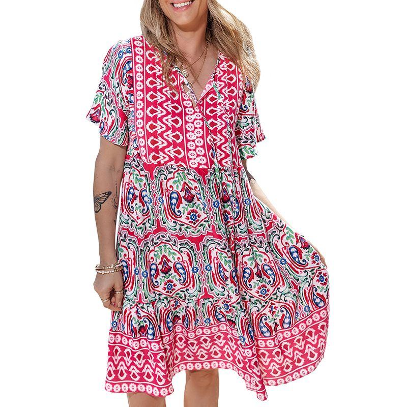 

Shiying Summer New Arrival Boho Dresses Women 2024 Fashion Fashion Ruffles Hem Skirt Women Pink Size XL fit (70.00 kg-75.00 kg