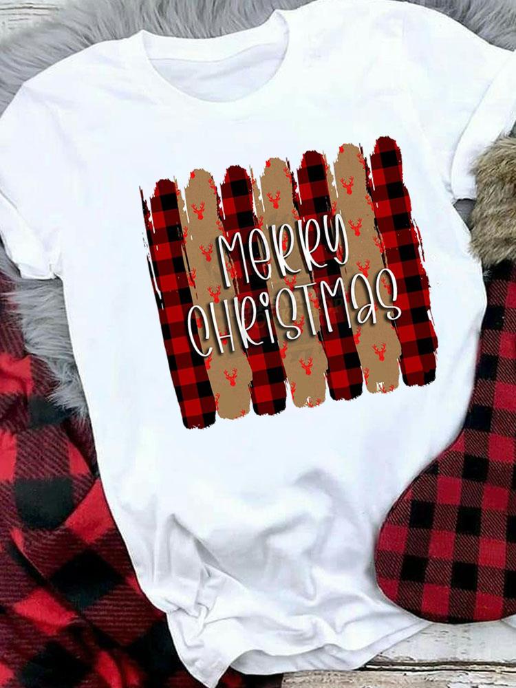 (Asian Size) Plaid Tree Style Cute Merry Christmas Tee Top Festival   New Year Holiday Casual  Lady Short Sleeve Fashion Women Print Graphic T-shirts
