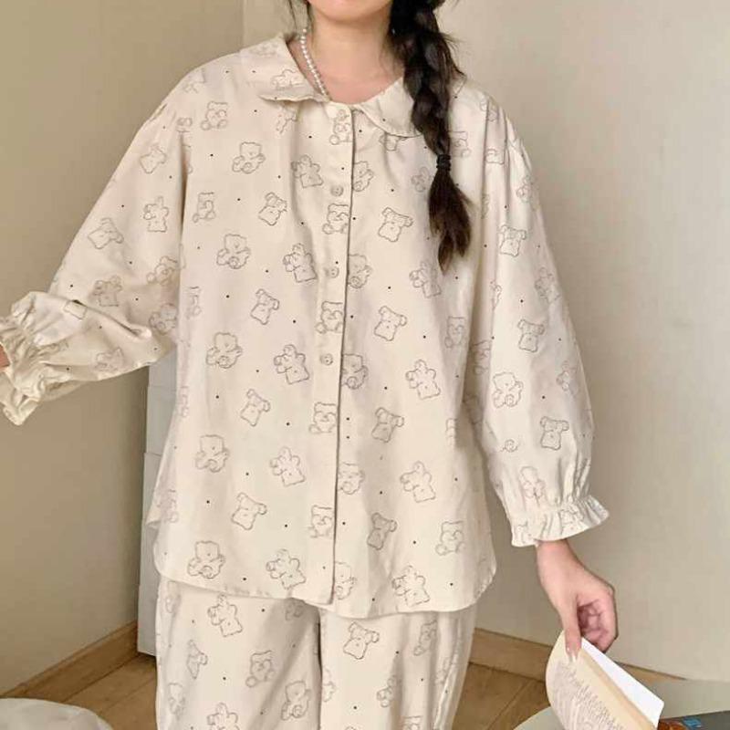 Pajamas Women's Spring Autumn Sleepwear Long Sleeves and Trousers Nightwear Sweet Loose Loungewear Doll Collar Flounce Homewear