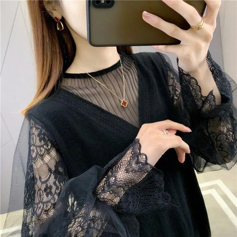 

Свободная верхняя одежда и базовая блузка, женская весенняя куртка-свитер с кружевными рукавами 3XL