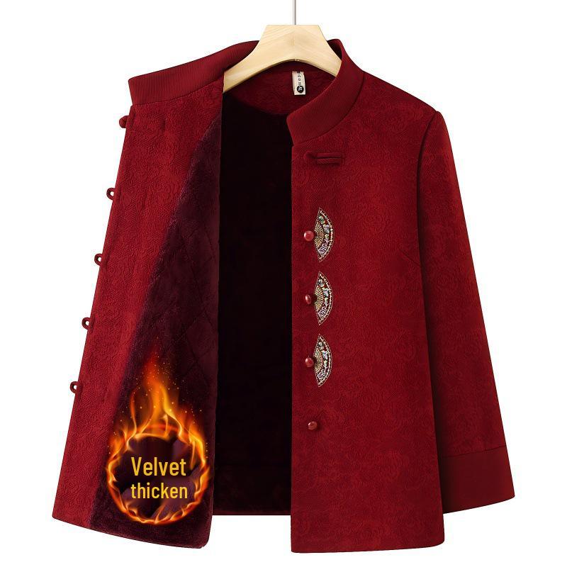 Women's Plus Velvet Thickened Tang Suit for Autumn/Winter - Warm Woolen Top for Elderly Grandmother