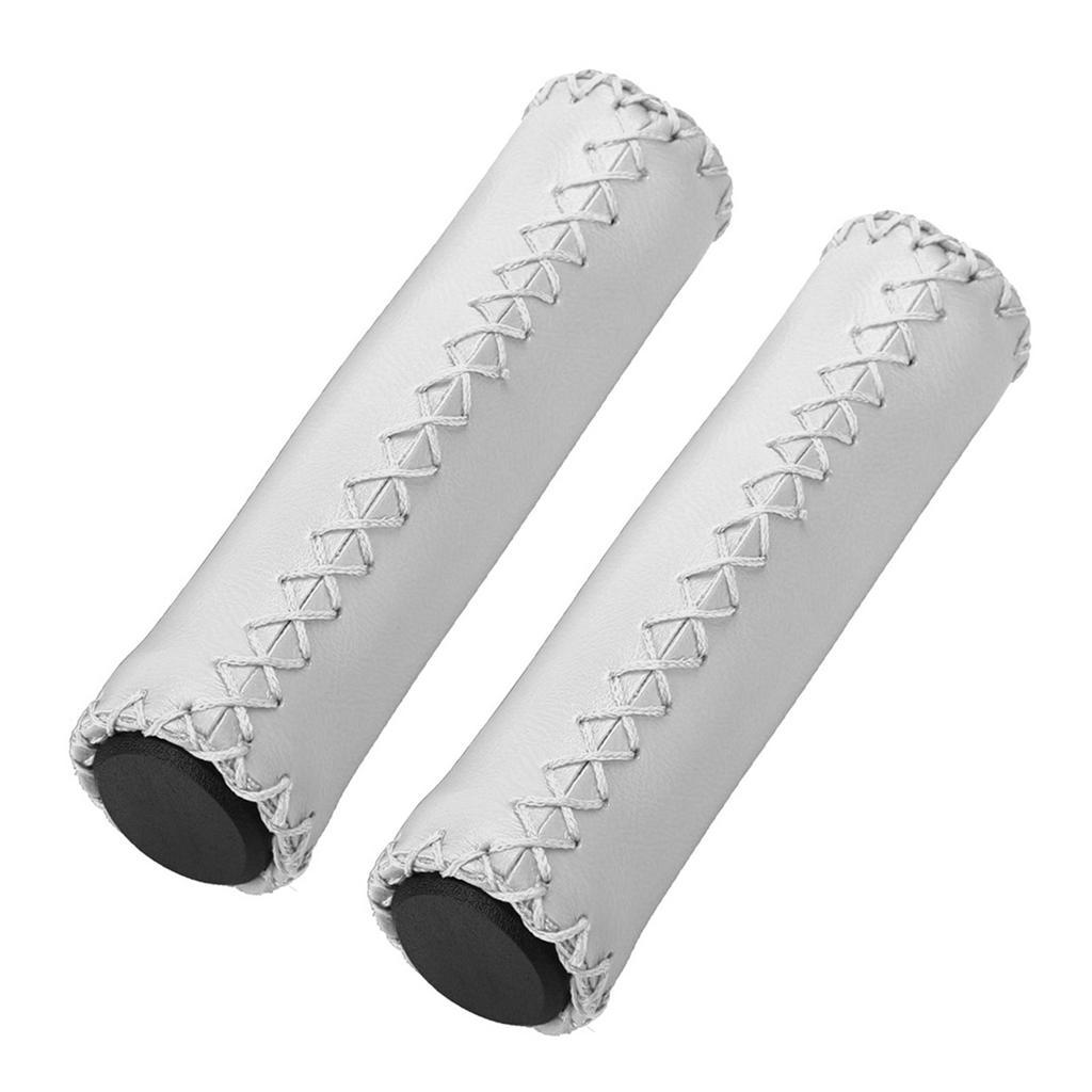 1 Pair Hand stitched PU Bike Bicycle Handlebar Handle Bar Grips with Plug(White)
